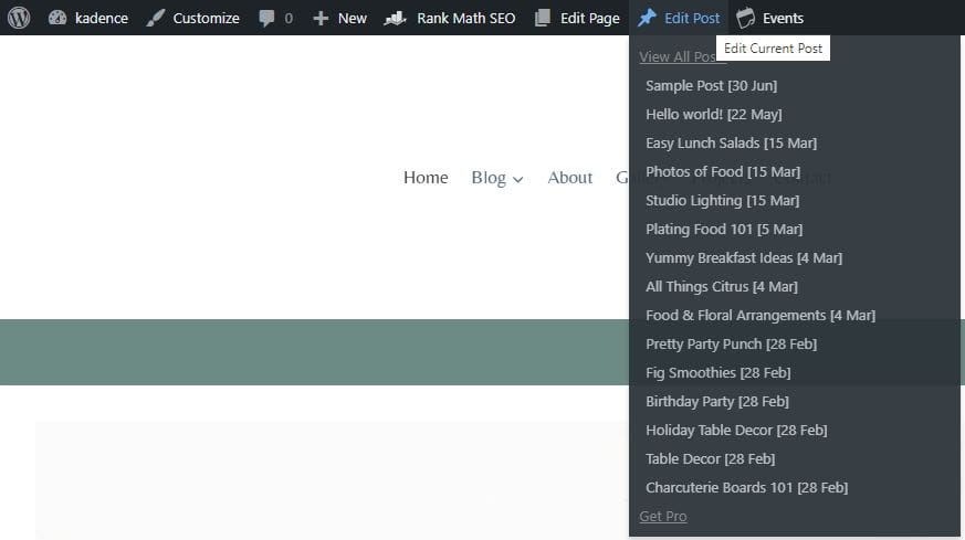 WordPress top toolbar with Admin Page Spider installed, hovering over pages and a list of all pages displays