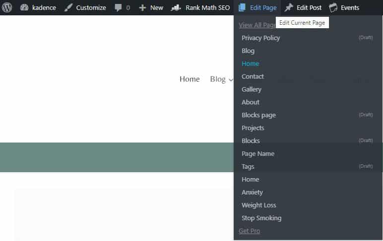 WordPress top toolbar with Admin Page Spider installed, hovering over posts and a list of all posts displays